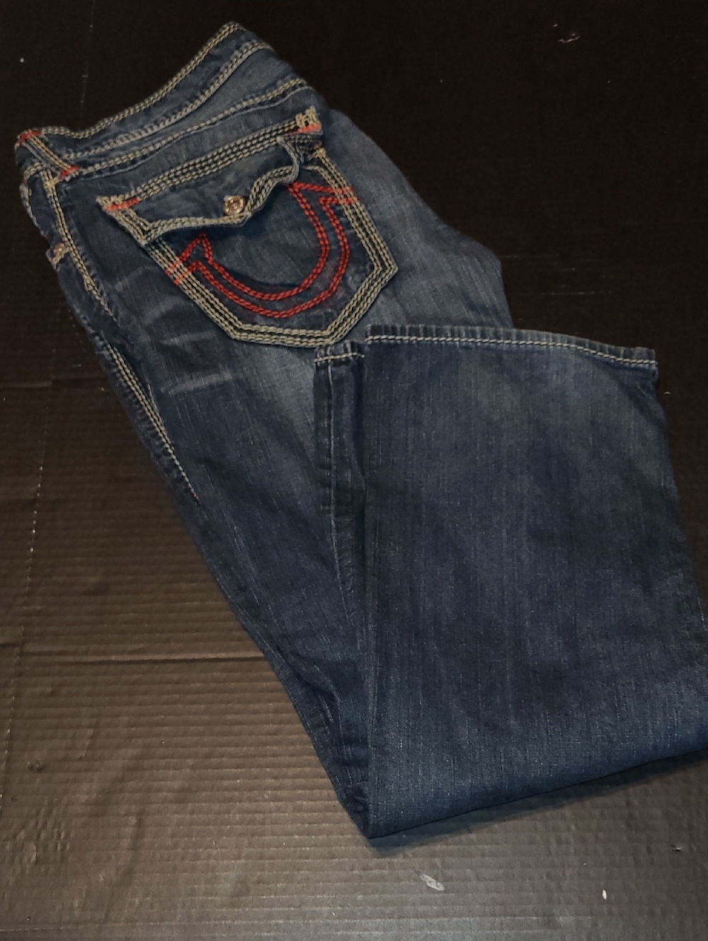 True Religion Dark Blue Straight Leg Jeans with Red Pocket Stitching